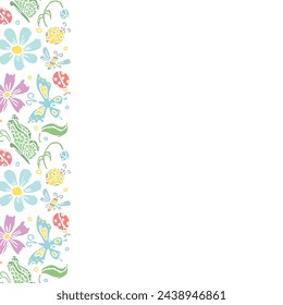 Spring floral frame with butterflies, bees and ladybugs. Seamless flowers background