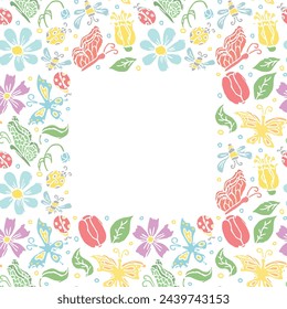 Marco floral de primavera con mariposas, abejas y mariquitas. Fondo de flores sin costura