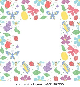 Spring floral frame with butterflies, bees and ladybugs. Seamless flowers background