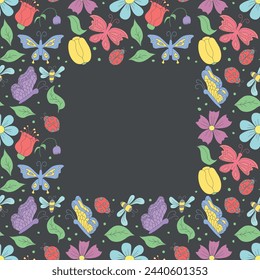 Spring floral frame with butterflies, bees and ladybugs. Seamless flowers background