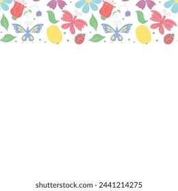 Spring floral frame with butterflies, bees and ladybugs. Seamless flowers background