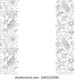 Spring floral frame with butterflies, bees and ladybugs. Seamless flowers background