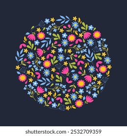 Spring floral frame with colorful flowers, plant branches, ladybug etc isolated on dark background.