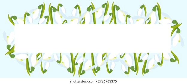 Moldura floral de primavera com colírio de neve branco delicado formando borda decorativa em torno de espaço branco vazio, elegante bandeira da natureza para cartões de saudação, convites e promoções de venda.Ilustração vetor