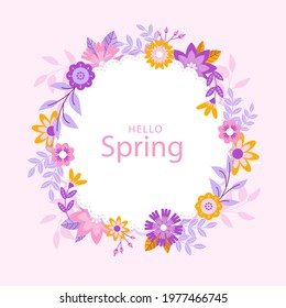 Spring floral frame. Flower design template. Romantic gentle wedding celebration banner. Plant decorative botanical border. Vegetation decor. Elegant summer floral wreath. Vector illustration.