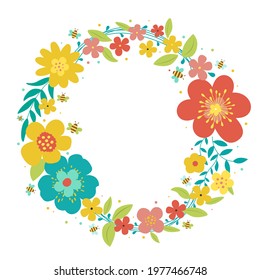 Spring floral frame. Flower design template. Romantic gentle wedding celebration banner. Plant decorative botanical border. Vegetation decor. Elegant summer floral wreath. Vector illustration.