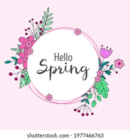 Spring floral frame. Flower design template. Romantic gentle wedding celebration banner. Plant decorative botanical border. Vegetation decor. Elegant summer floral wreath. Vector illustration.