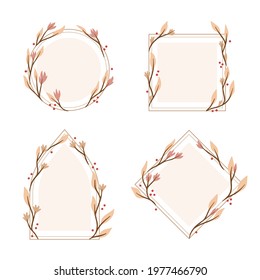 Spring floral frame. Flower design template. Romantic gentle wedding celebration banner. Plant decorative botanical border. Vegetation decor. Elegant summer floral wreath. Vector illustration.