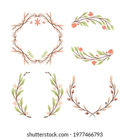 Spring floral frame. Flower design template. Romantic gentle wedding celebration banner. Plant decorative botanical border. Vegetation decor. Elegant summer floral wreath. Vector illustration.