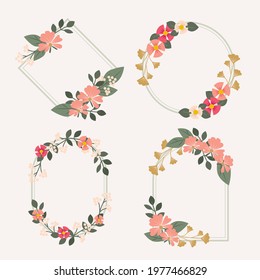 Spring floral frame. Flower design template. Romantic gentle wedding celebration banner. Plant decorative botanical border. Vegetation decor. Elegant summer floral wreath. Vector illustration.