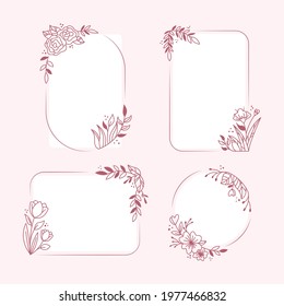 Spring floral frame. Flower design template. Romantic gentle wedding celebration banner. Plant decorative botanical border. Vegetation decor. Elegant summer floral wreath. Vector illustration.