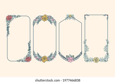 Spring floral frame. Flower design template. Romantic gentle wedding celebration banner. Plant decorative botanical border. Vegetation decor. Elegant summer floral wreath. Vector illustration.