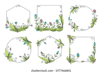 Spring floral frame. Flower design template. Romantic gentle wedding celebration banner. Plant decorative botanical border. Vegetation decor. Elegant summer floral wreath. Vector illustration.