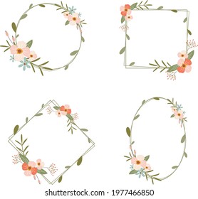 Spring floral frame. Flower design template. Romantic gentle wedding celebration banner. Plant decorative botanical border. Vegetation decor. Elegant summer floral wreath. Vector illustration.