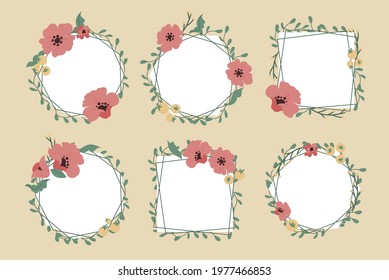 Spring floral frame. Flower design template. Romantic gentle wedding celebration banner. Plant decorative botanical border. Vegetation decor. Elegant summer floral wreath. Vector illustration.