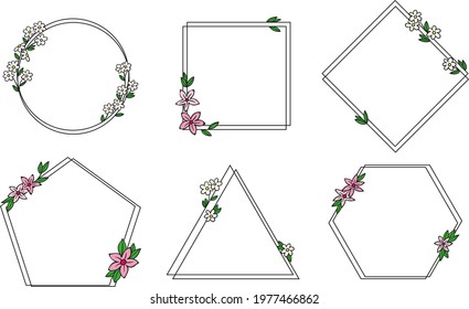 Spring floral frame. Flower design template. Romantic gentle wedding celebration banner. Plant decorative botanical border. Vegetation decor. Elegant summer floral wreath. Vector illustration.