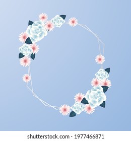 Spring floral frame. Flower design template. Romantic gentle wedding celebration banner. Plant decorative botanical border. Vegetation decor. Elegant summer floral wreath. Vector illustration.