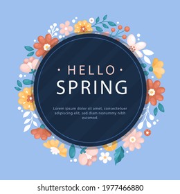 Spring floral frame. Flower design template. Romantic gentle wedding celebration banner. Plant decorative botanical border. Vegetation decor. Elegant summer floral wreath. Vector illustration.