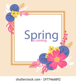 Spring floral frame. Flower design template. Romantic gentle wedding celebration banner. Plant decorative botanical border. Vegetation decor. Elegant summer floral wreath. Vector illustration.