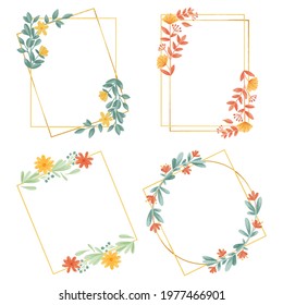 Spring floral frame. Flower design template. Romantic gentle wedding celebration banner. Plant decorative botanical border. Vegetation decor. Elegant summer floral wreath. Vector illustration.