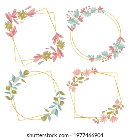 Spring floral frame. Flower design template. Romantic gentle wedding celebration banner. Plant decorative botanical border. Vegetation decor. Elegant summer floral wreath. Vector illustration.