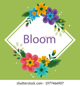 Spring floral frame. Flower design template. Romantic gentle wedding celebration banner. Plant decorative botanical border. Vegetation decor. Elegant summer floral wreath. Vector illustration.