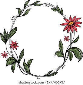 Spring floral frame. Flower design template. Romantic gentle wedding celebration banner. Plant decorative botanical border. Vegetation decor. Elegant summer floral wreath. Vector illustration.