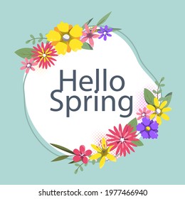 Spring floral frame. Flower design template. Romantic gentle wedding celebration banner. Plant decorative botanical border. Vegetation decor. Elegant summer floral wreath. Vector illustration.