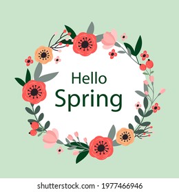 Spring floral frame. Flower design template. Romantic gentle wedding celebration banner. Plant decorative botanical border. Vegetation decor. Elegant summer floral wreath. Vector illustration.