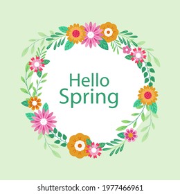 Spring floral frame. Flower design template. Romantic gentle wedding celebration banner. Plant decorative botanical border. Vegetation decor. Elegant summer floral wreath. Vector illustration.