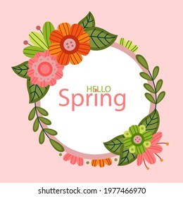 Spring floral frame. Flower design template. Romantic gentle wedding celebration banner. Plant decorative botanical border. Vegetation decor. Elegant summer floral wreath. Vector illustration.