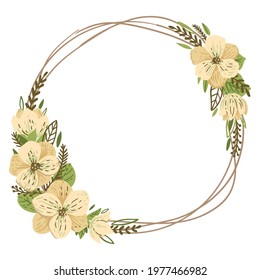 Spring floral frame. Flower design template. Romantic gentle wedding celebration banner. Plant decorative botanical border. Vegetation decor. Elegant summer floral wreath. Vector illustration.