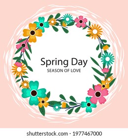 Spring floral frame. Flower design template. Romantic gentle wedding celebration banner. Plant decorative botanical border. Vegetation decor. Elegant summer floral wreath. Vector illustration.