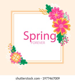 Spring floral frame. Flower design template. Romantic gentle wedding celebration banner. Plant decorative botanical border. Vegetation decor. Elegant summer floral wreath. Vector illustration.