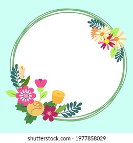 Spring floral frame. Flower design template. Romantic gentle wedding celebration banner. Plant decorative botanical border. Vegetation decor. Elegant summer floral wreath. Vector illustration.