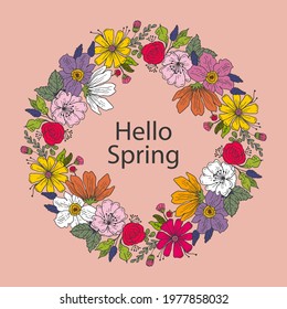 Spring floral frame. Flower design template. Romantic gentle wedding celebration banner. Plant decorative botanical border. Vegetation decor. Elegant summer floral wreath. Vector illustration.