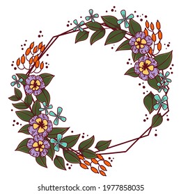 Spring floral frame. Flower design template. Romantic gentle wedding celebration banner. Plant decorative botanical border. Vegetation decor. Elegant summer floral wreath. Vector illustration.