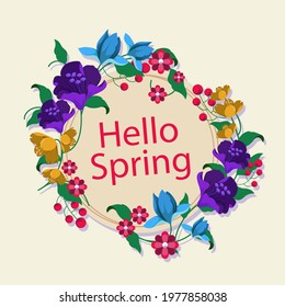 Spring floral frame. Flower design template. Romantic gentle wedding celebration banner. Plant decorative botanical border. Vegetation decor. Elegant summer floral wreath. Vector illustration.