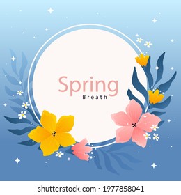 Spring floral frame. Flower design template. Romantic gentle wedding celebration banner. Plant decorative botanical border. Vegetation decor. Elegant summer floral wreath. Vector illustration.