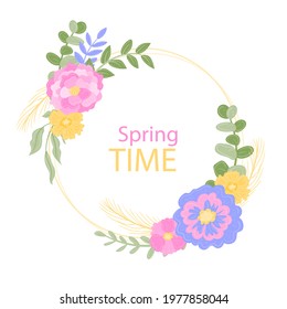 Spring floral frame. Flower design template. Romantic gentle wedding celebration banner. Plant decorative botanical border. Vegetation decor. Elegant summer floral wreath. Vector illustration.
