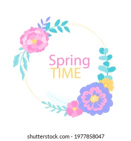 Spring floral frame. Flower design template. Romantic gentle wedding celebration banner. Plant decorative botanical border. Vegetation decor. Elegant summer floral wreath. Vector illustration.