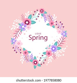 Spring floral frame. Flower design template. Romantic gentle wedding celebration banner. Plant decorative botanical border. Vegetation decor. Elegant summer floral wreath. Vector illustration.