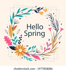 Spring floral frame. Flower design template. Romantic gentle wedding celebration banner. Plant decorative botanical border. Vegetation decor. Elegant summer floral wreath. Vector illustration.