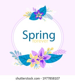 Spring floral frame. Flower design template. Romantic gentle wedding celebration banner. Plant decorative botanical border. Vegetation decor. Elegant summer floral wreath. Vector illustration.