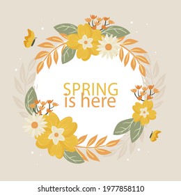 Spring floral frame. Flower design template. Romantic gentle wedding celebration banner. Plant decorative botanical border. Vegetation decor. Elegant summer floral wreath. Vector illustration.