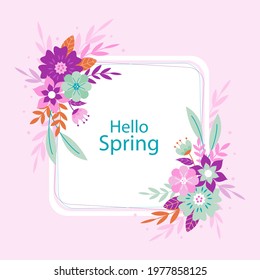 Spring floral frame. Flower design template. Romantic gentle wedding celebration banner. Plant decorative botanical border. Vegetation decor. Elegant summer floral wreath. Vector illustration.