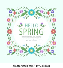 Spring floral frame. Flower design template. Romantic gentle wedding celebration banner. Plant decorative botanical border. Vegetation decor. Elegant summer floral wreath. Vector illustration.