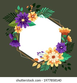 Spring floral frame. Flower design template. Romantic gentle wedding celebration banner. Plant decorative botanical border. Vegetation decor. Elegant summer floral wreath. Vector illustration.