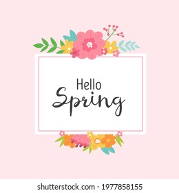 Spring floral frame. Flower design template. Romantic gentle wedding celebration banner. Plant decorative botanical border. Vegetation decor. Elegant summer floral wreath. Vector illustration.