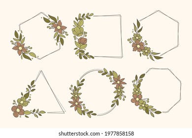 Spring floral frame. Flower design template. Romantic gentle wedding celebration banner. Plant decorative botanical border. Vegetation decor. Elegant summer floral wreath. Vector illustration.